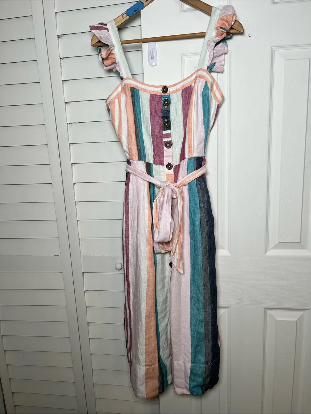 NWT J.Crew Multi-Color Striped Linen Midi Dress with Ruffle Straps Size 2